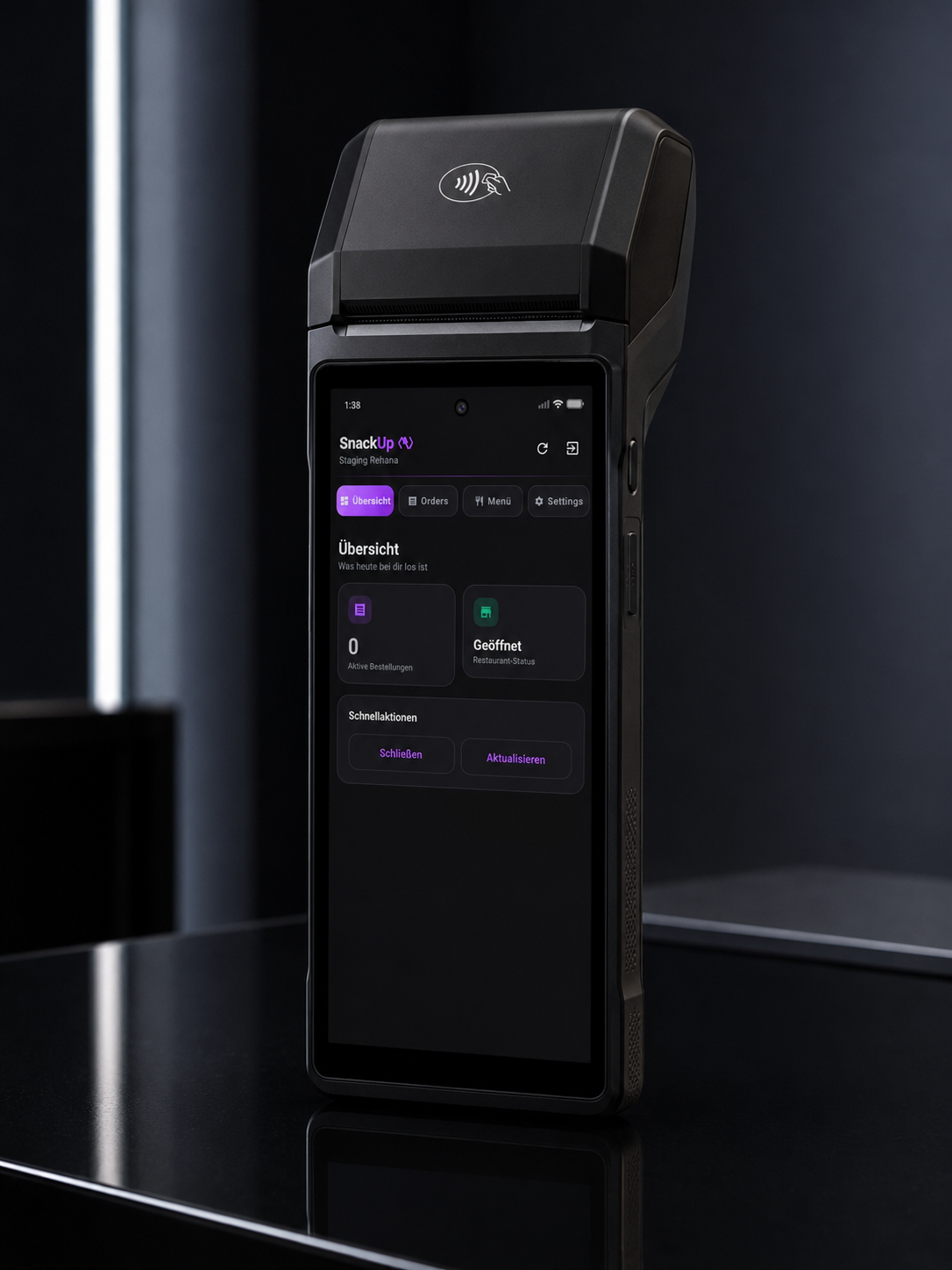 SnackUp POS-Handheld mit eingeschaltetem Dashboard
